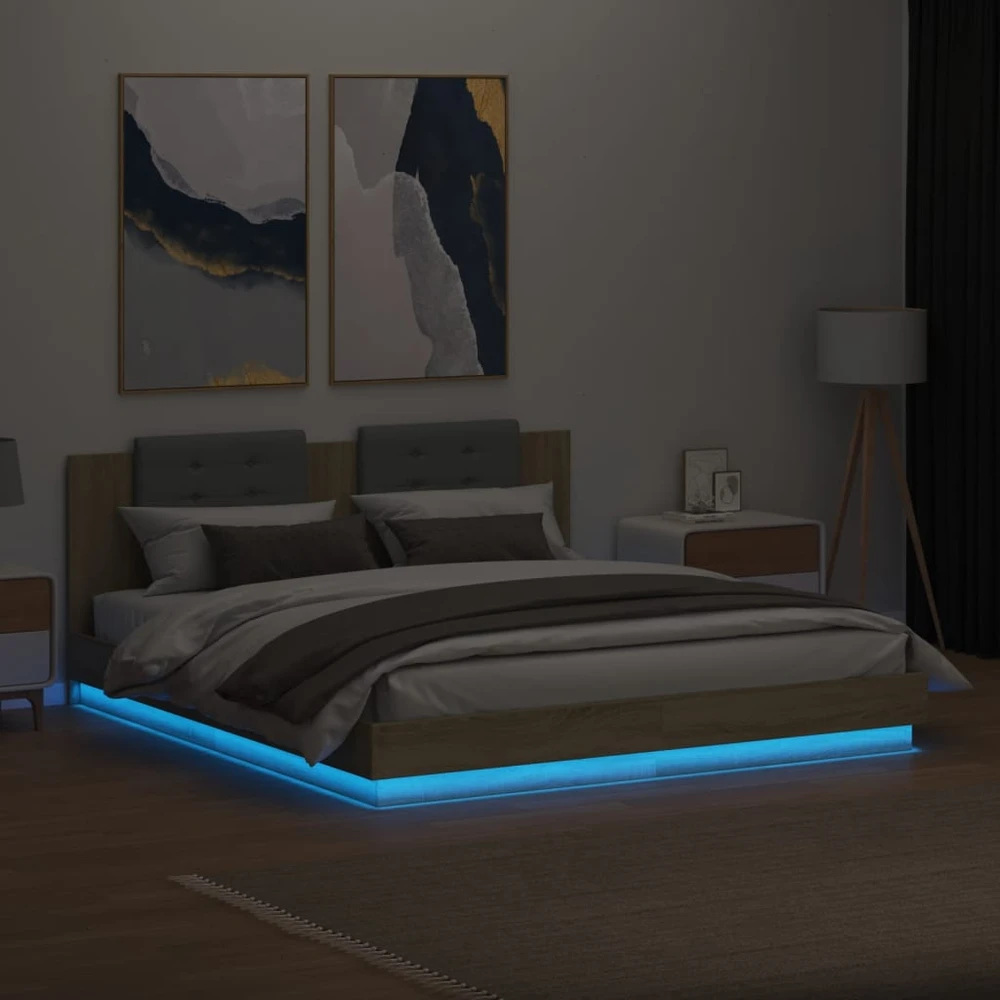 Lovos rėmas su galvūgaliu ir LED, ąžuolo spalvos, 180x200cm