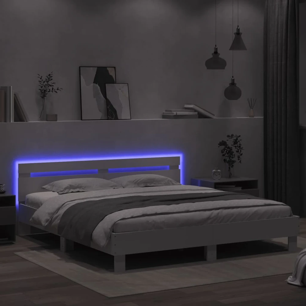 Lovos rėmas su galvūgaliu ir LED, baltos spalvos, 180x200cm