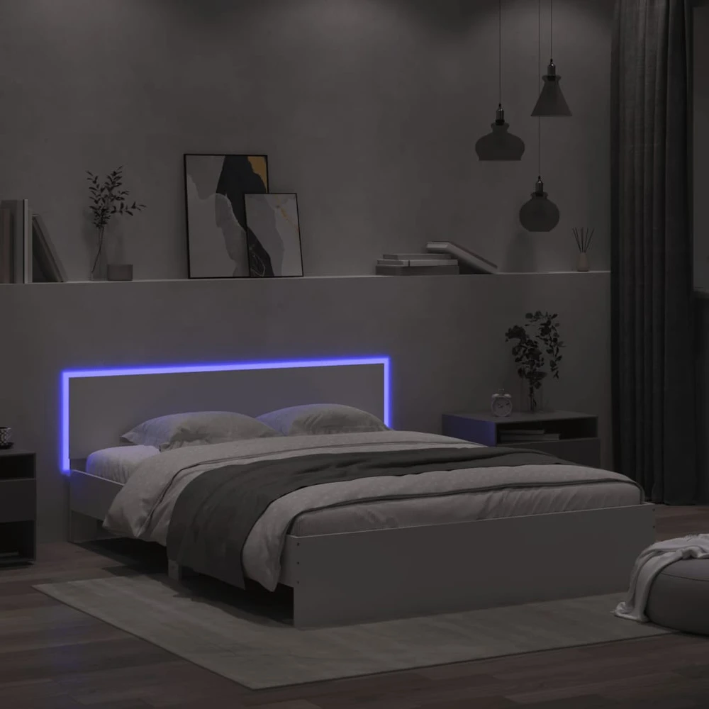 Lovos rėmas su galvūgaliu ir LED, baltos spalvos, 160x200cm