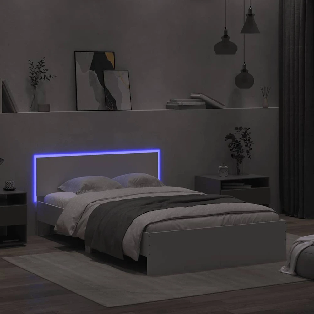 Lovos rėmas su galvūgaliu ir LED, baltos spalvos, 140x190cm