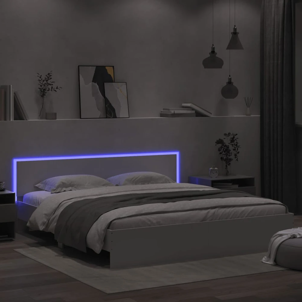 Lovos rėmas su galvūgaliu ir LED, baltos spalvos, 200x200cm