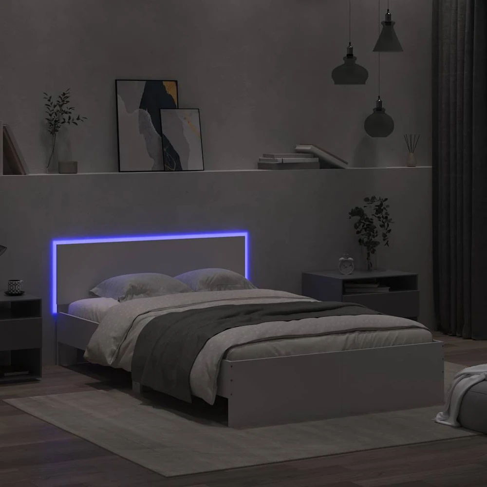 Lovos rėmas su galvūgaliu ir LED, baltos spalvos, 140x200cm