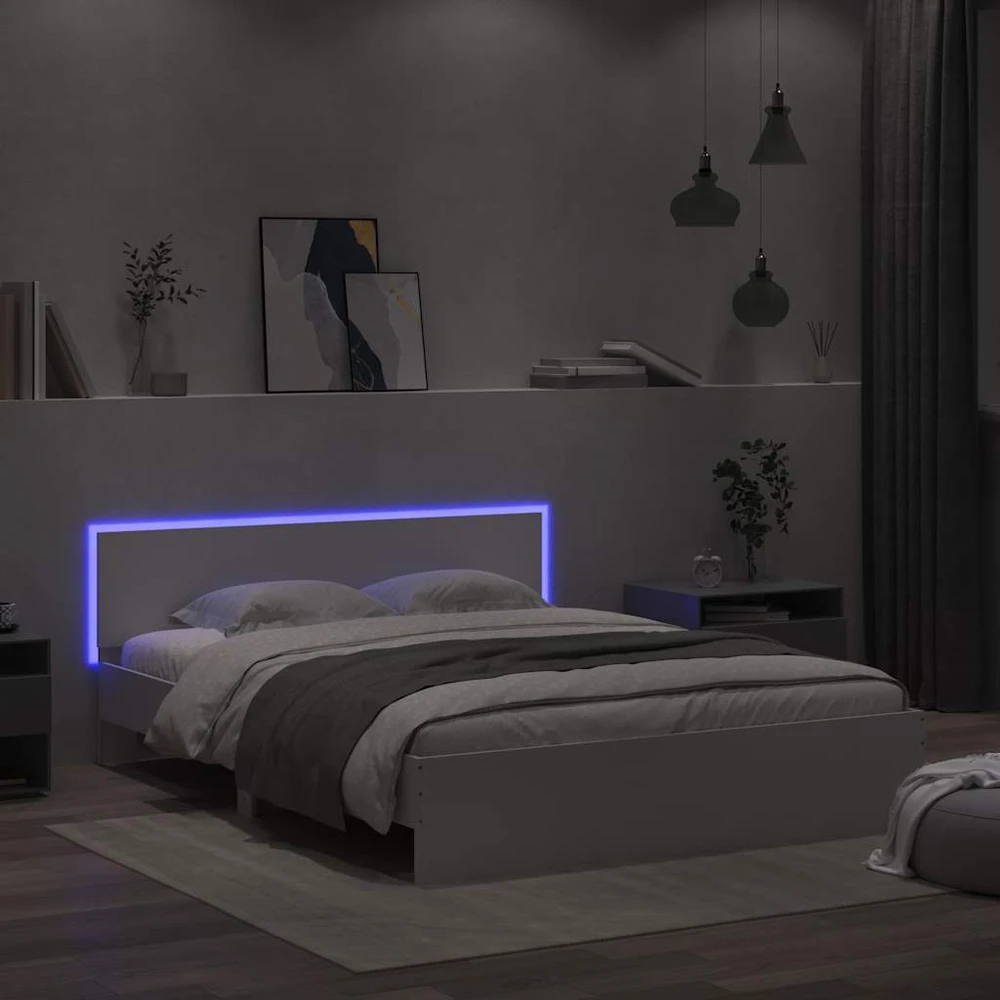 Lovos rėmas su galvūgaliu ir LED, baltos spalvos, 150x200cm