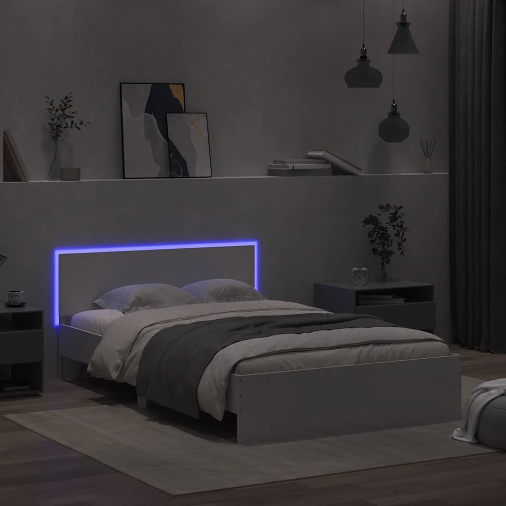 Lovos rėmas su galvūgaliu ir LED, baltos spalvos, 120x190cm