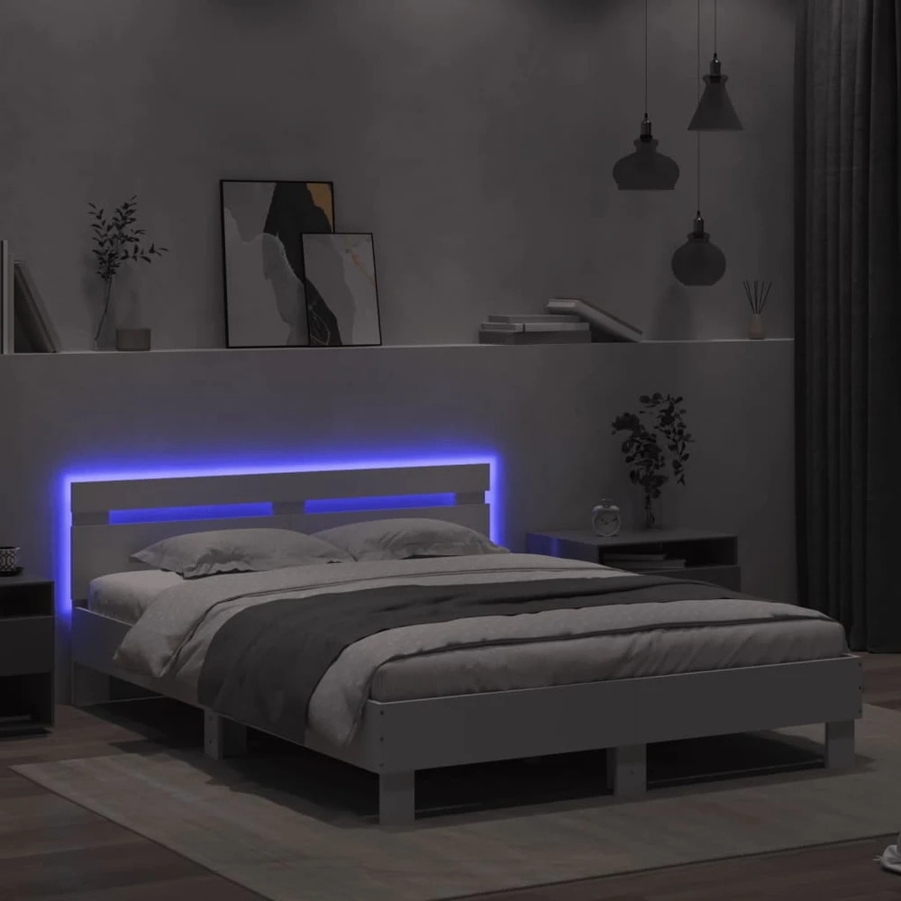 Lovos rėmas su galvūgaliu ir LED, baltos spalvos, 140x190cm