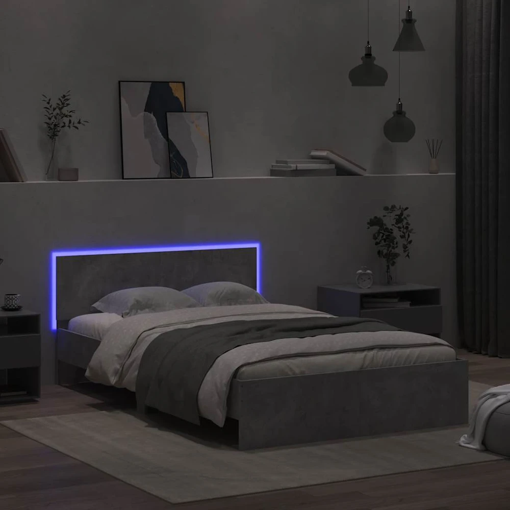 Lovos rėmas su galvūgaliu ir LED, betono pilkas, 140x190cm