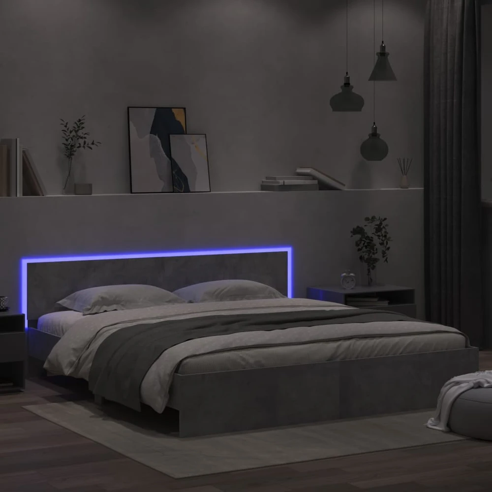 Lovos rėmas su galvūgaliu ir LED, betono pilkas, 200x200cm