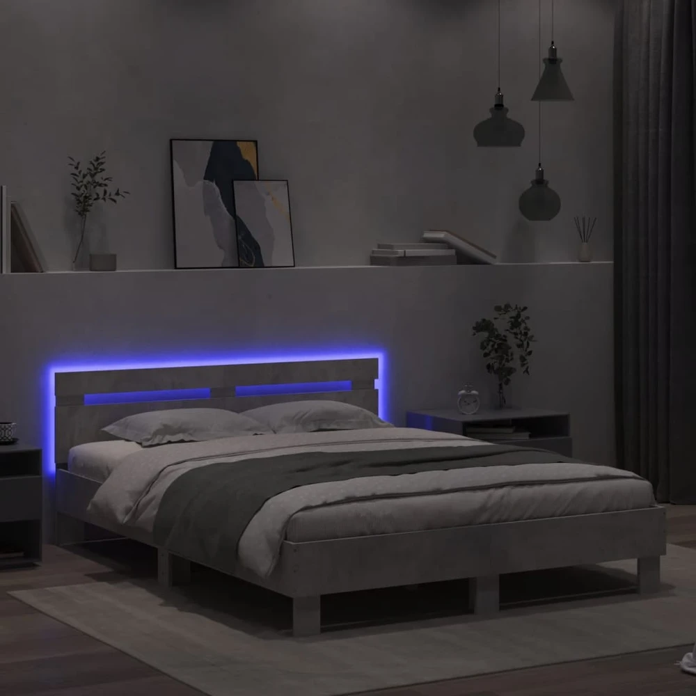 Lovos rėmas su galvūgaliu ir LED, betono pilkas, 140x190cm