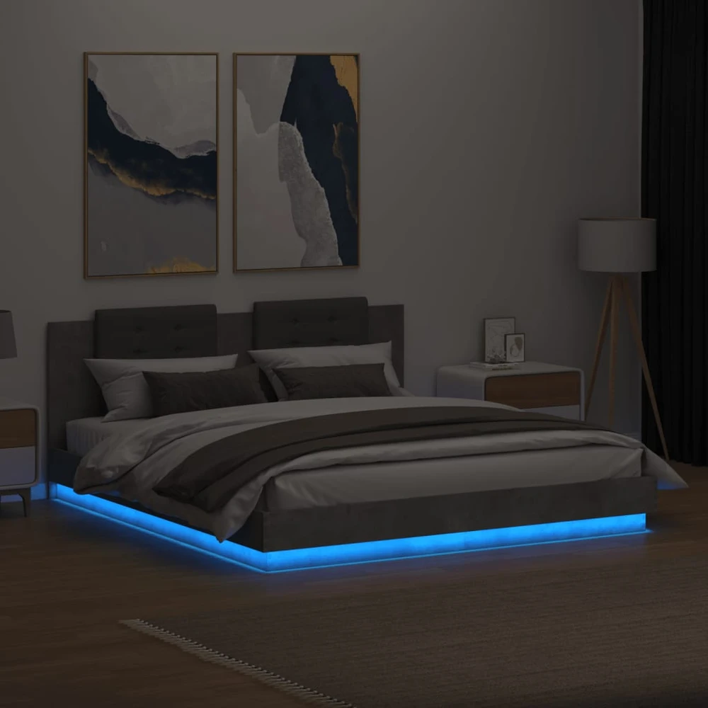 Lovos rėmas su galvūgaliu ir LED, betono pilkas, 200x200cm