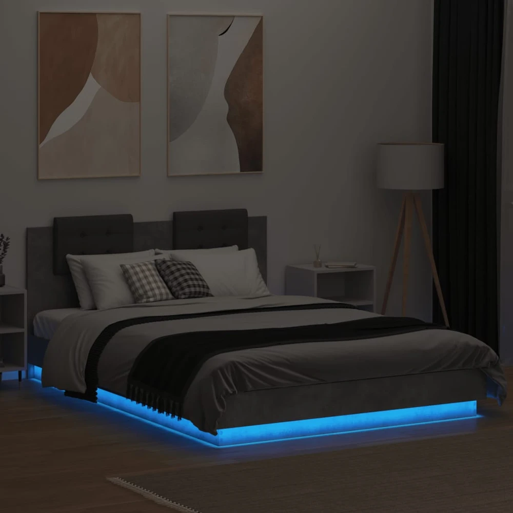 Lovos rėmas su galvūgaliu ir LED, betono pilkas, 150x200cm