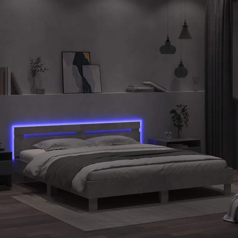 Lovos rėmas su galvūgaliu ir LED, betono pilkas, 160x200cm