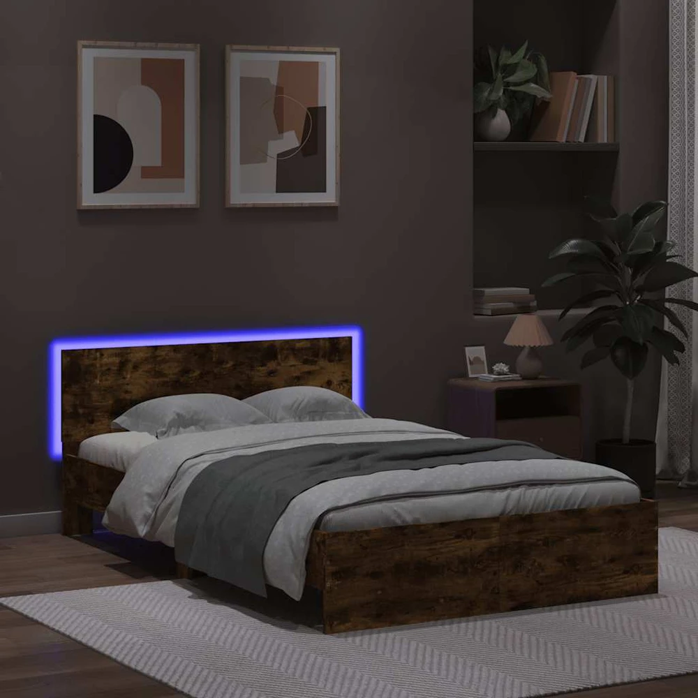 Lovos rėmas su galvūgaliu ir LED, dūminio ąžuolo, 120x200cm