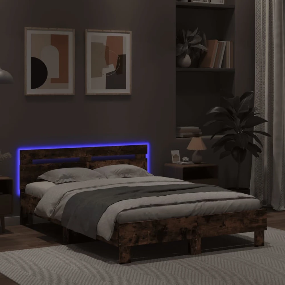 Lovos rėmas su galvūgaliu ir LED, dūminio ąžuolo, 120x200cm