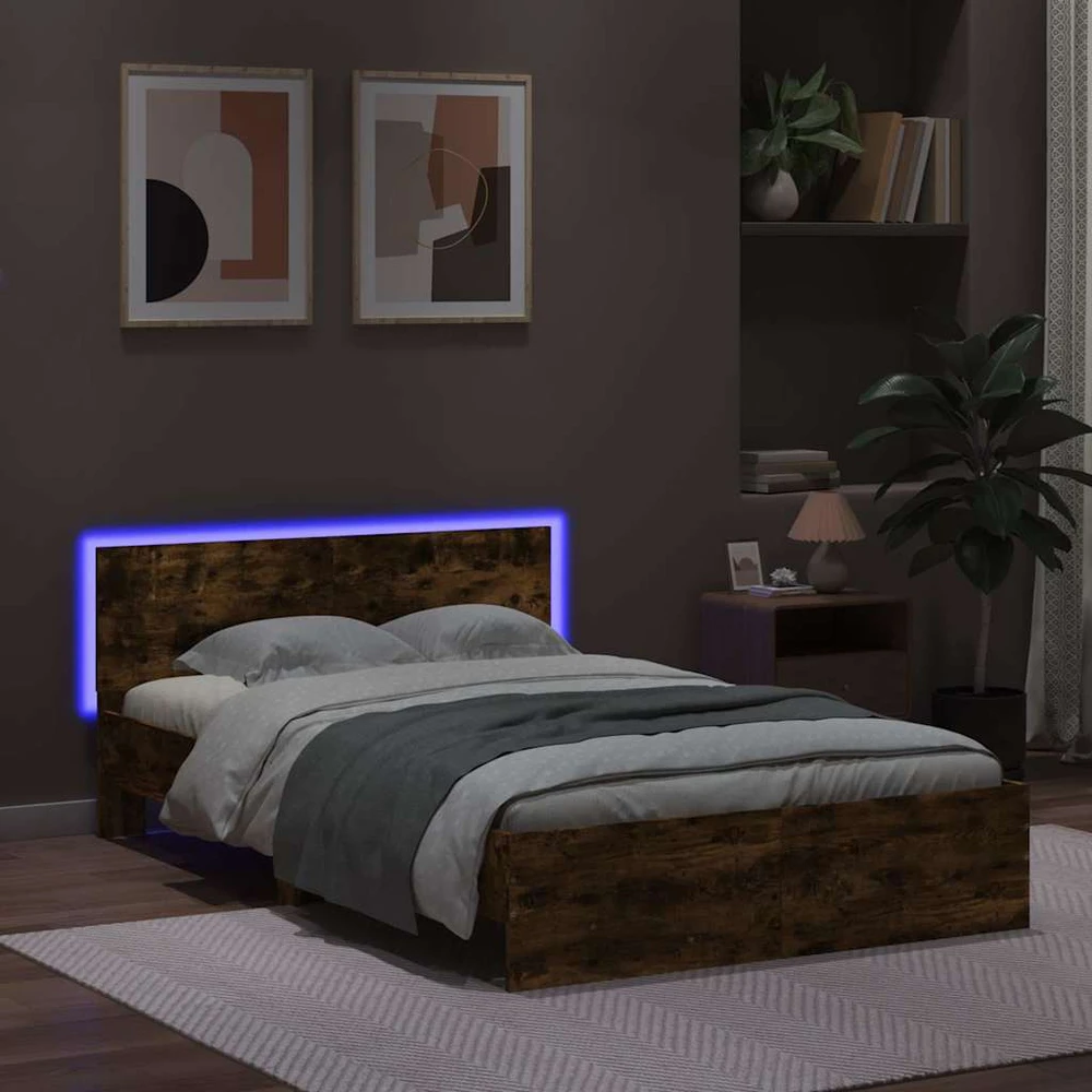 Lovos rėmas su galvūgaliu ir LED, dūminio ąžuolo, 120x190cm