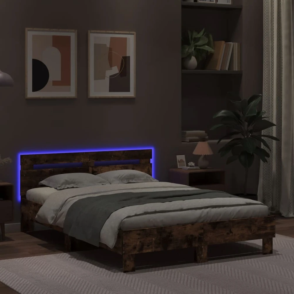 Lova Lovos rėmas su galvūgaliu ir LED, dūminio ąžuolo, 135x190cm