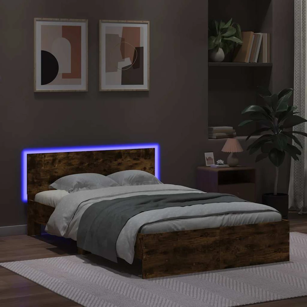 Lovos rėmas su galvūgaliu ir LED, dūminio ąžuolo, 140x190cm
