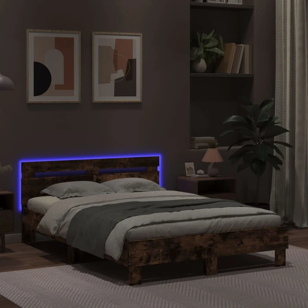 Lovos rėmas su galvūgaliu ir LED, dūminio ąžuolo, 120x190cm