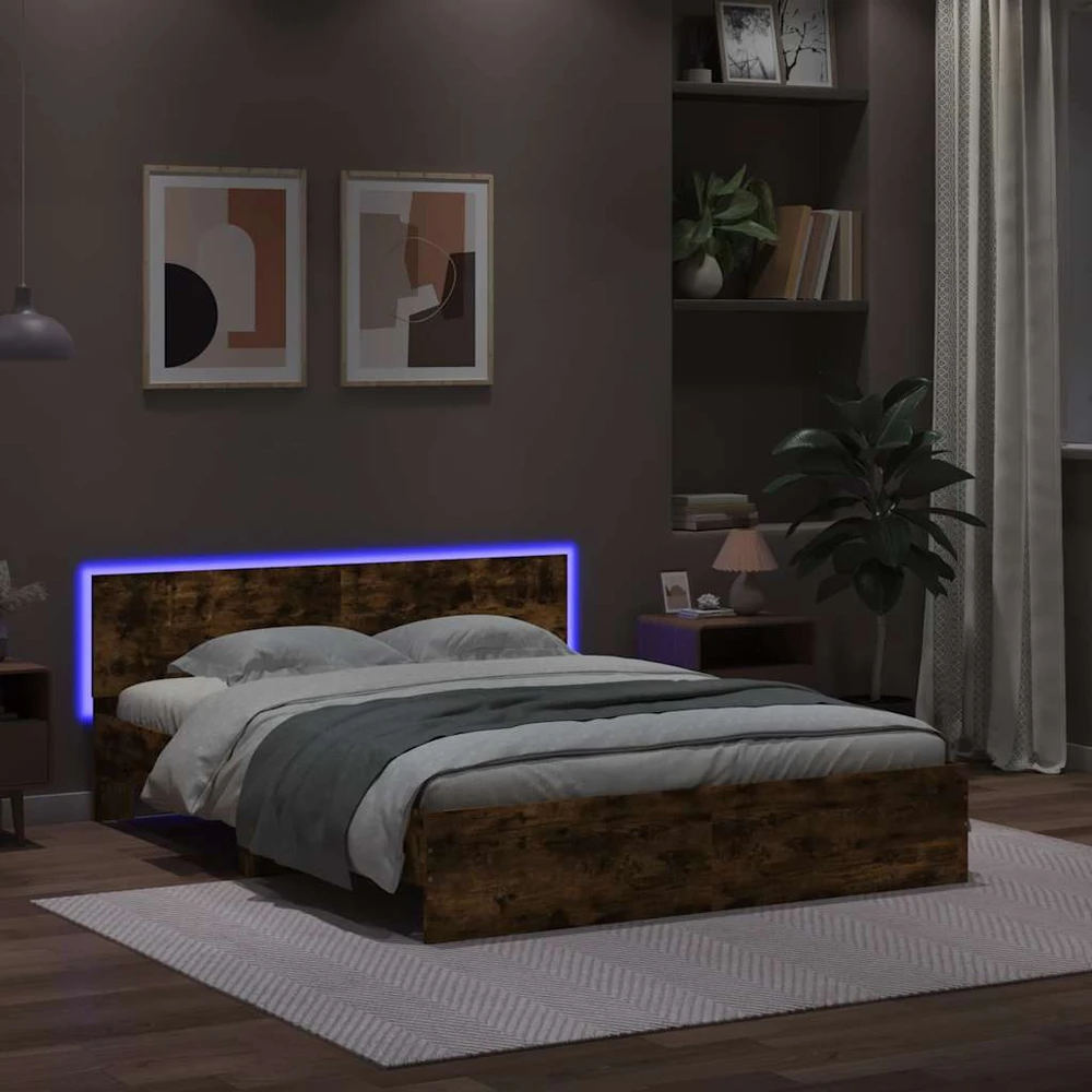Lovos rėmas su galvūgaliu ir LED, dūminio ąžuolo, 150x200cm