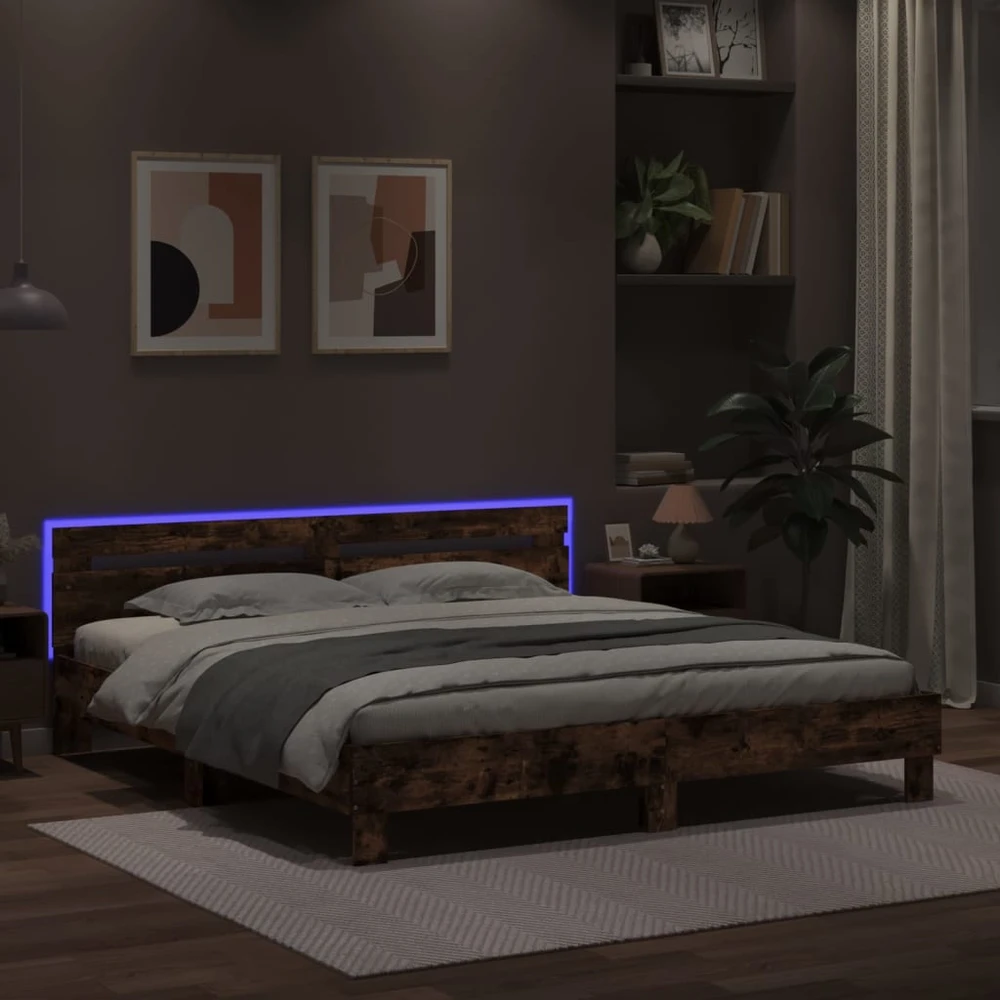 Lovos rėmas su galvūgaliu ir LED, dūminio ąžuolo, 200x200cm