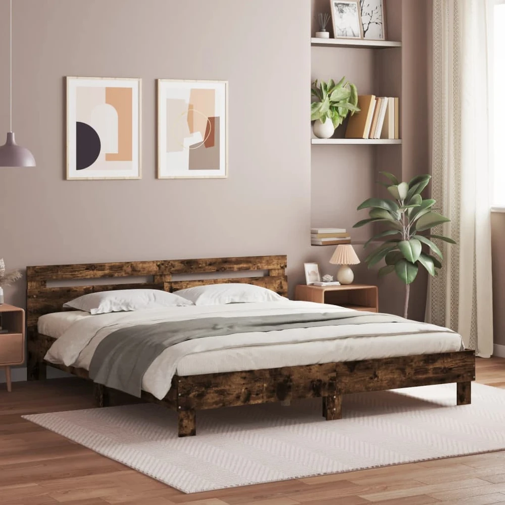 Lovos rėmas su galvūgaliu ir LED, dūminio ąžuolo, 200x200cm