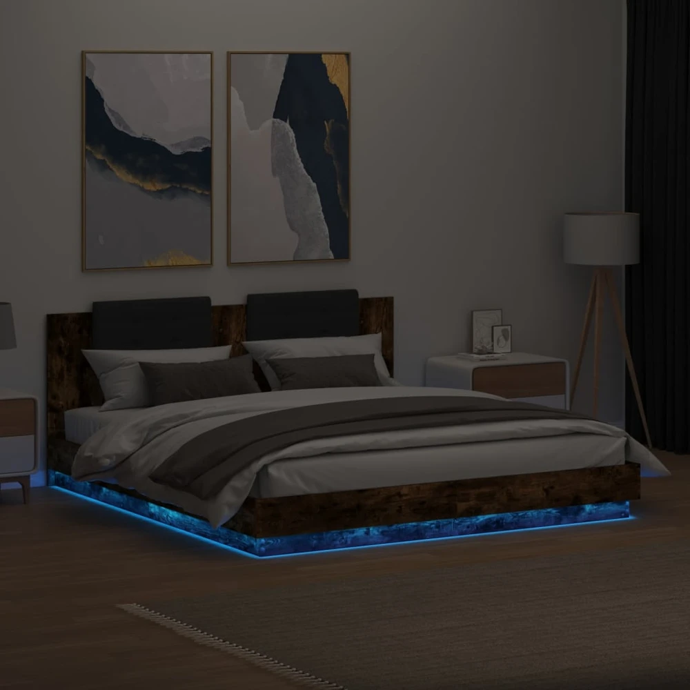 Lovos rėmas su galvūgaliu ir LED, dūminis ąžuolo, 200x200cm