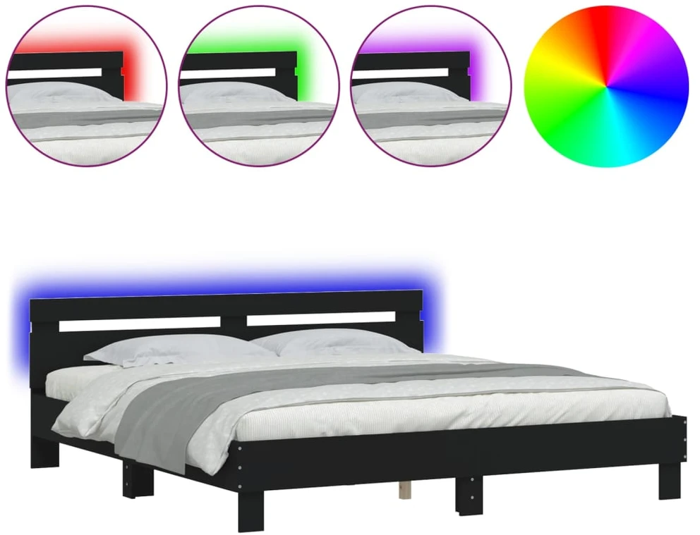 Lovos rėmas su galvūgaliu ir LED, juodos spalvos, 200x200cm