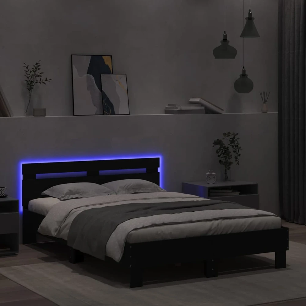 Lovos rėmas su galvūgaliu ir LED, juodos spalvos, 120x200cm
