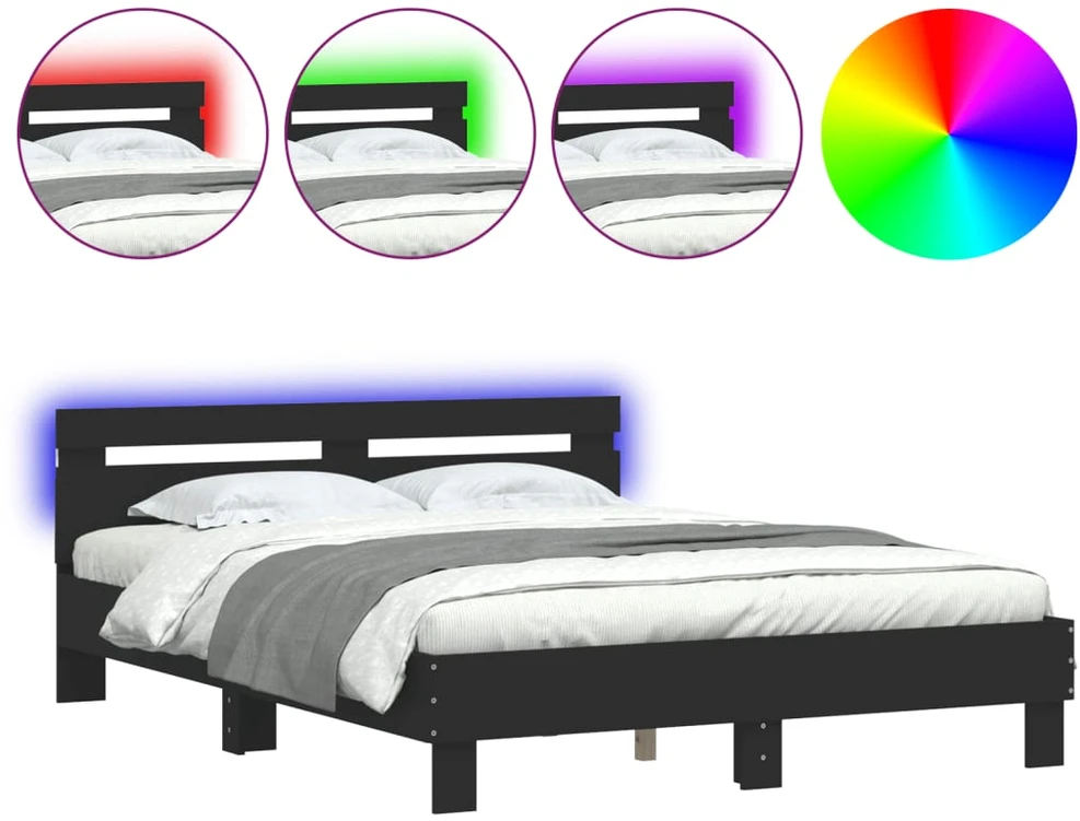 Lovos rėmas su galvūgaliu ir LED, juodos spalvos, 140x190cm
