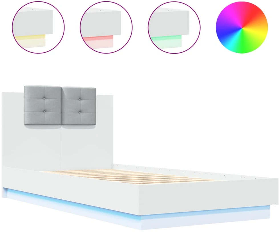 Lovos rėmas su galvūgaliu ir LED lemputėmis, baltas, 90x190cm