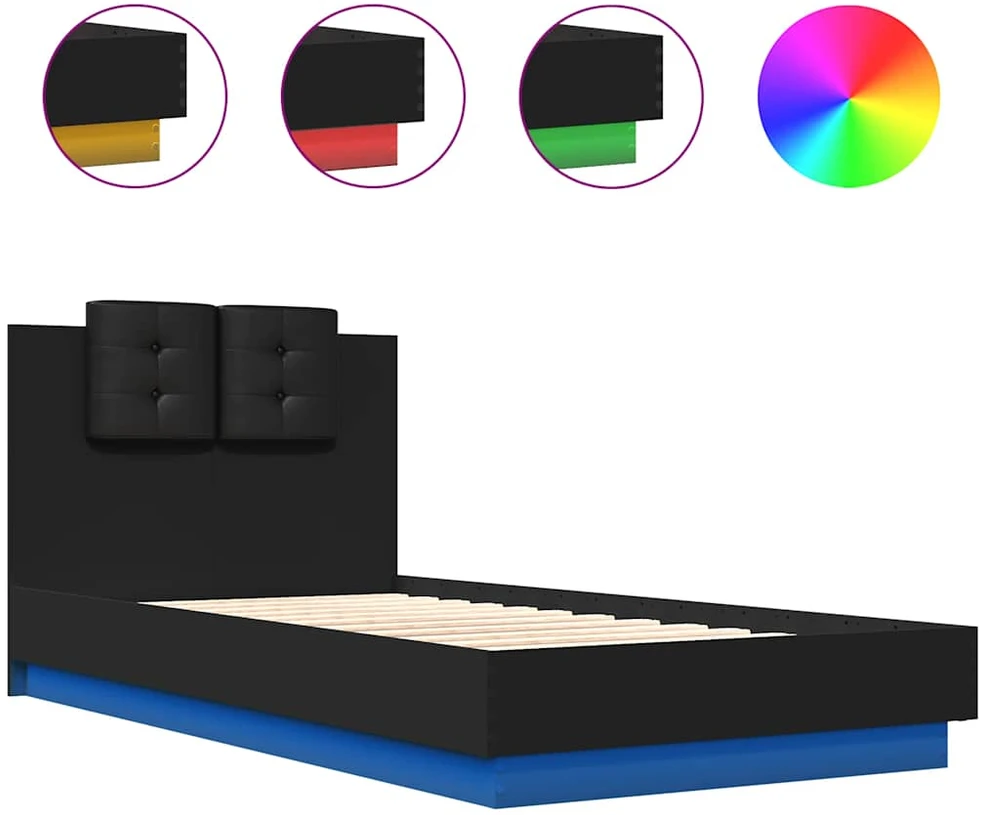 Lovos rėmas su galvūgaliu ir LED lemputėmis, juodas, 75x190cm