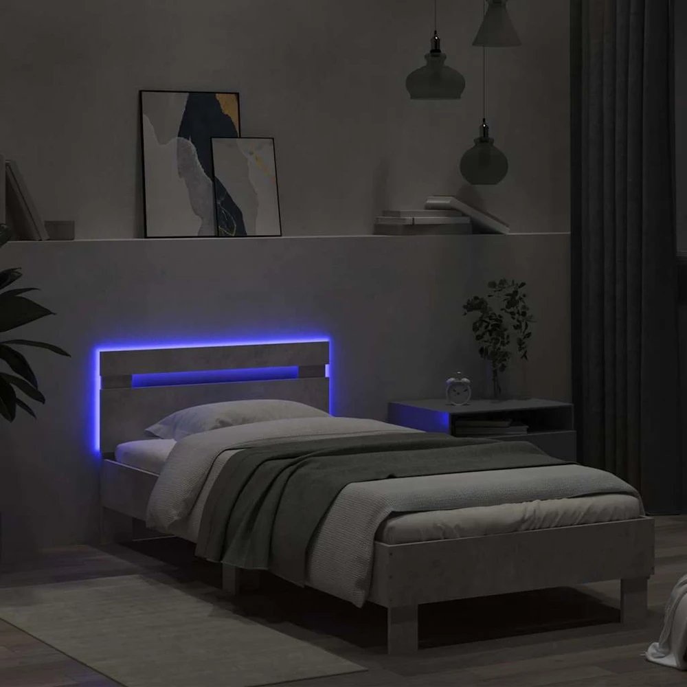 Lovos rėmas su galvūgaliu ir LED lemputėmis, betono, 90x190cm