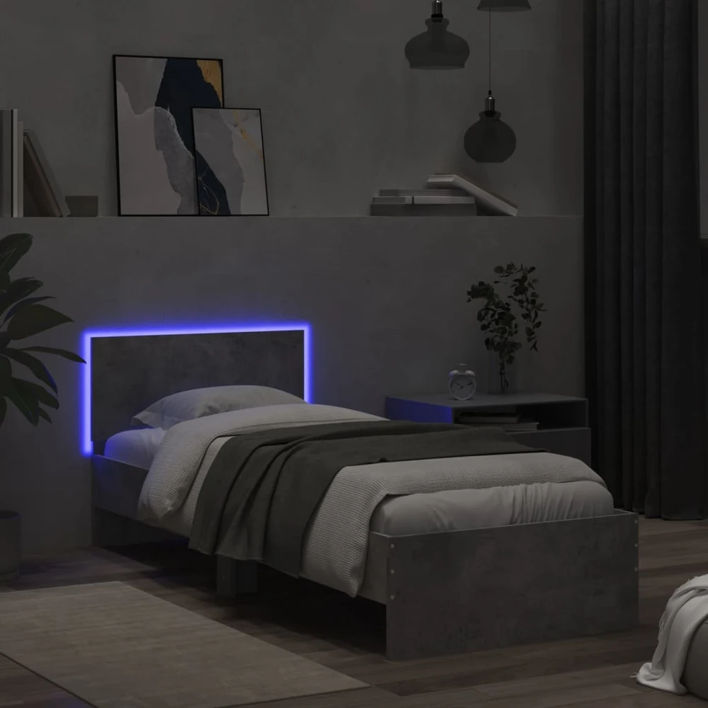 Lovos rėmas su galvūgaliu ir LED lemputėmis, betono, 90x190cm