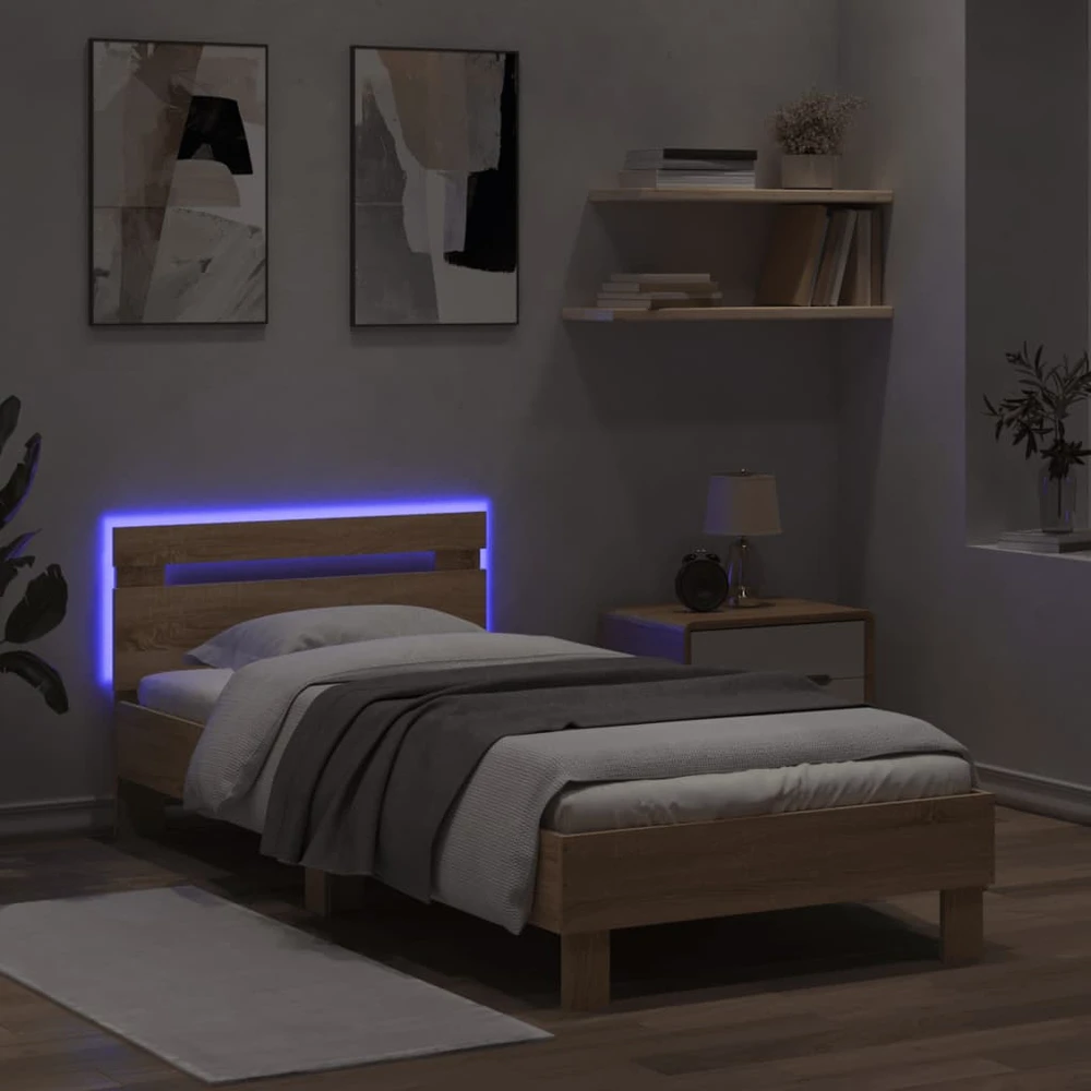 Lovos rėmas su galvūgaliu ir LED lemputėmis, ąžuolo, 90x200cm