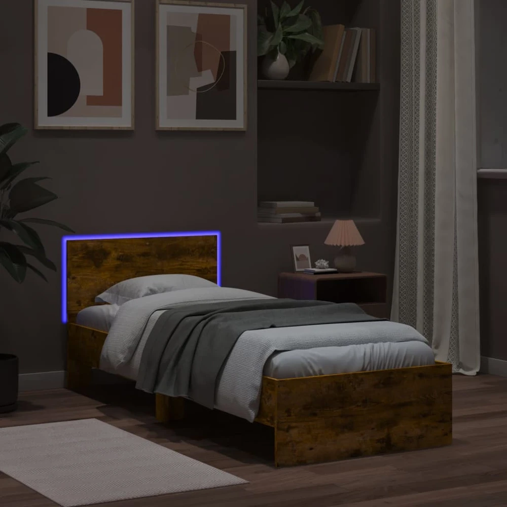 Lovos rėmas su galvūgaliu ir LED lemputėmis, dūminis, 90x200cm
