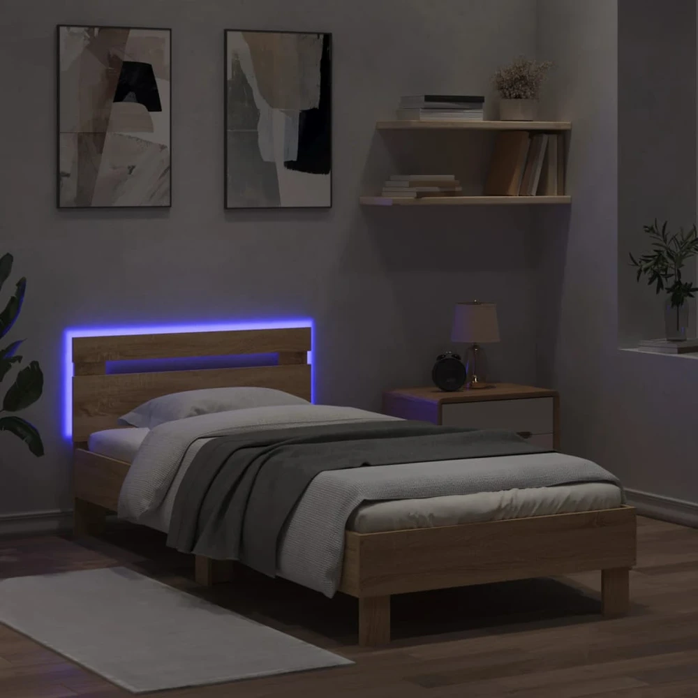 Lovos rėmas su galvūgaliu ir LED lemputėmis, ąžuolo, 90x190cm