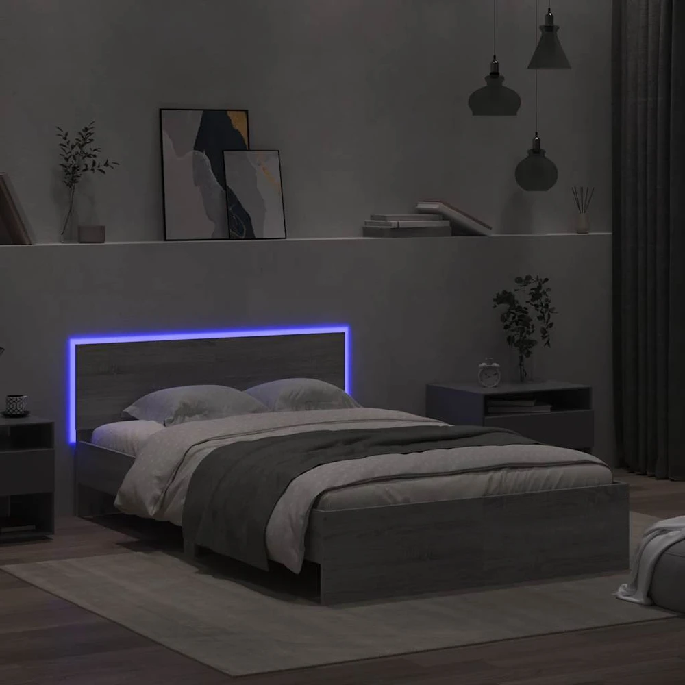 Lovos rėmas su galvūgaliu ir LED, pilkas ąžuolo, 140x190cm