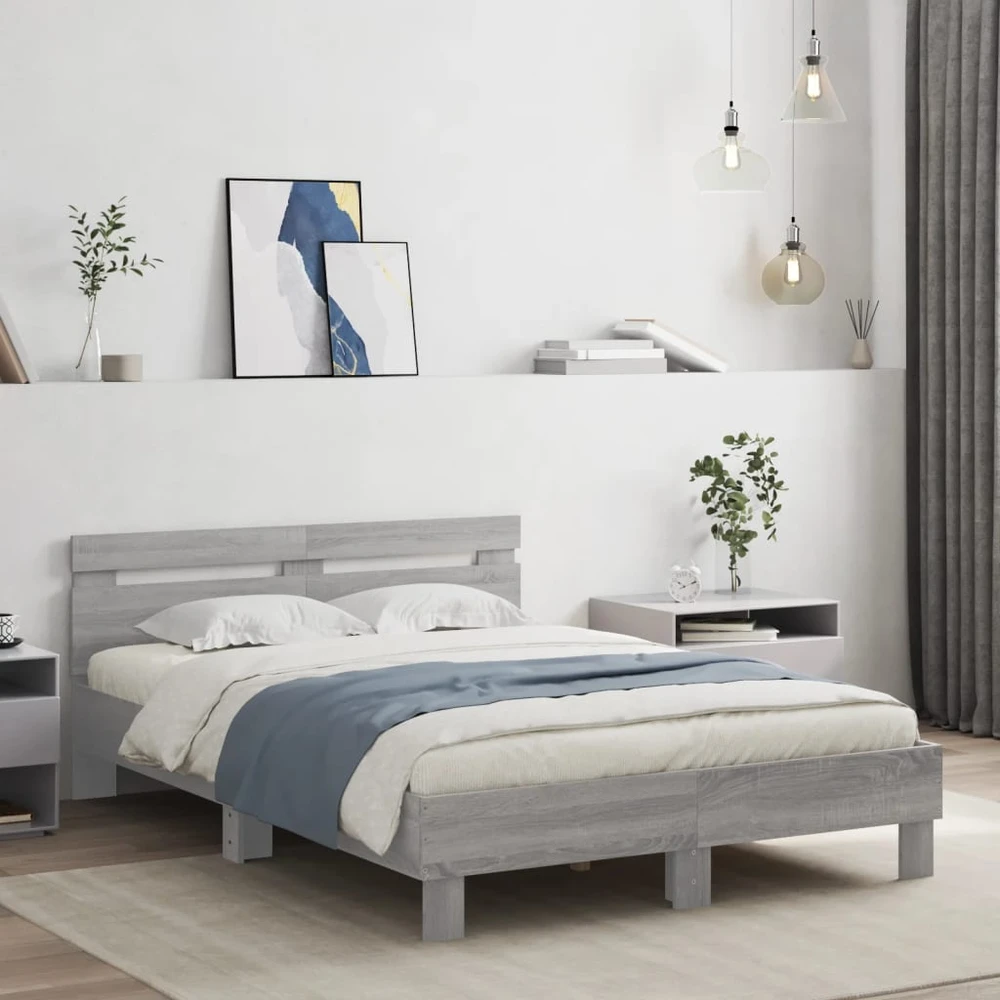 Lova Lovos rėmas su galvūgaliu ir LED, pilkas ąžuolo, 135x190cm