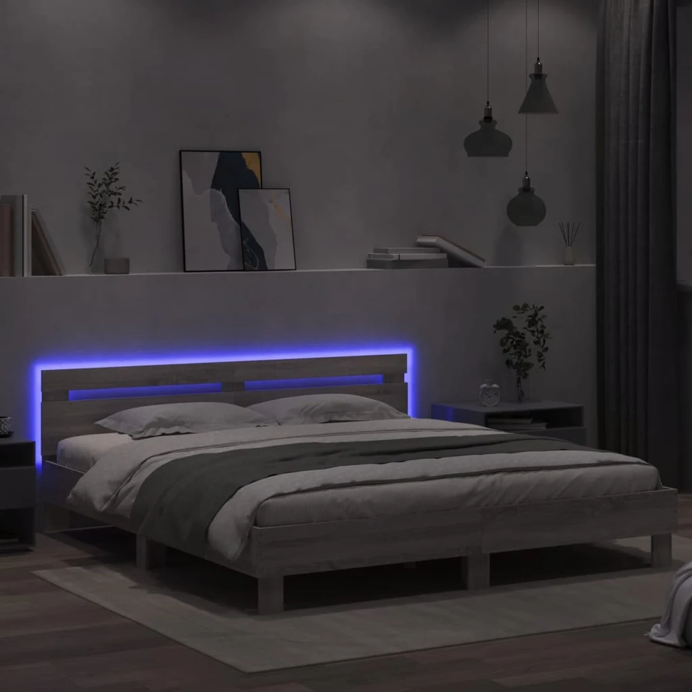 Lovos rėmas su galvūgaliu ir LED, pilkas ąžuolo, 200x200cm