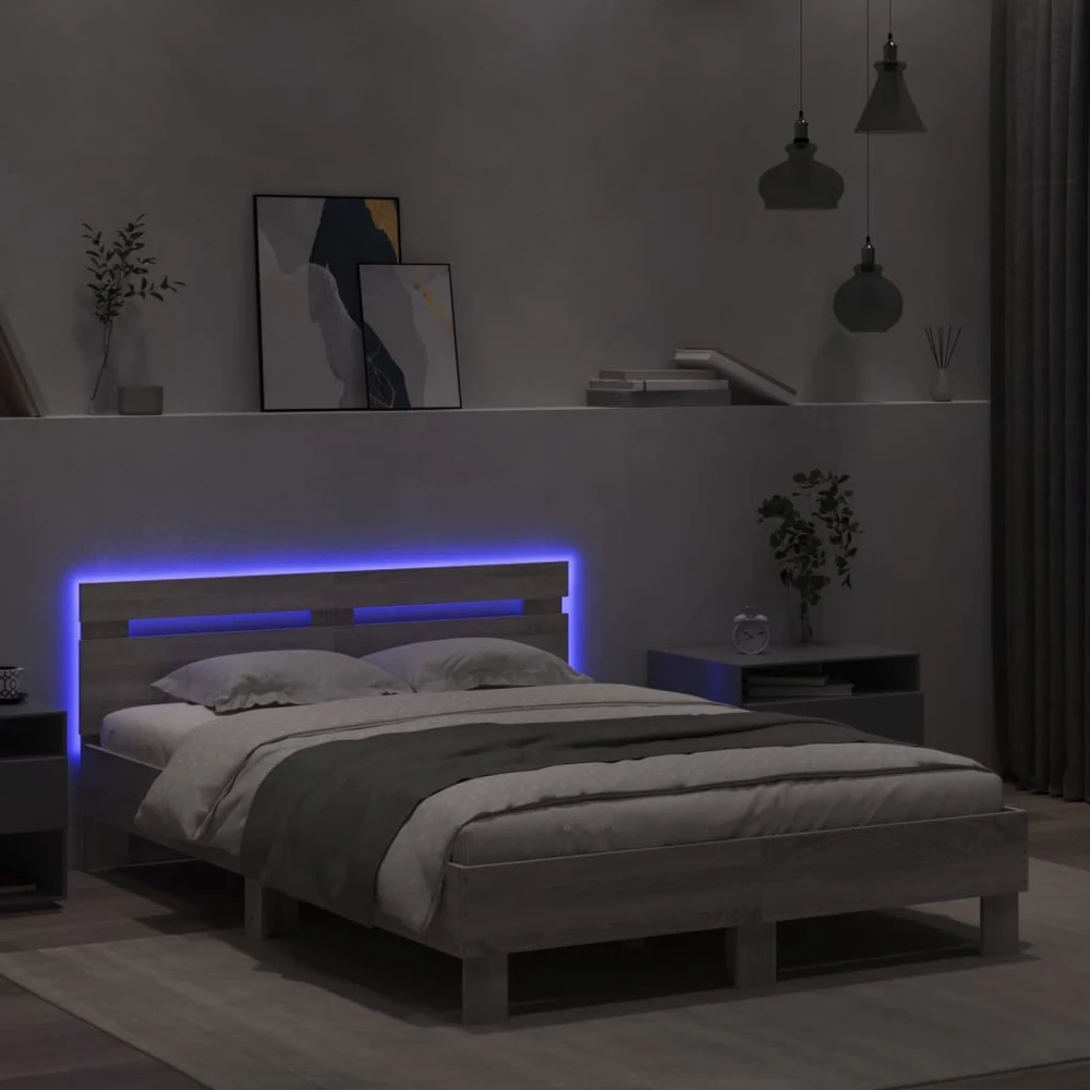 Lovos rėmas su galvūgaliu ir LED, pilkas ąžuolo, 120x200cm