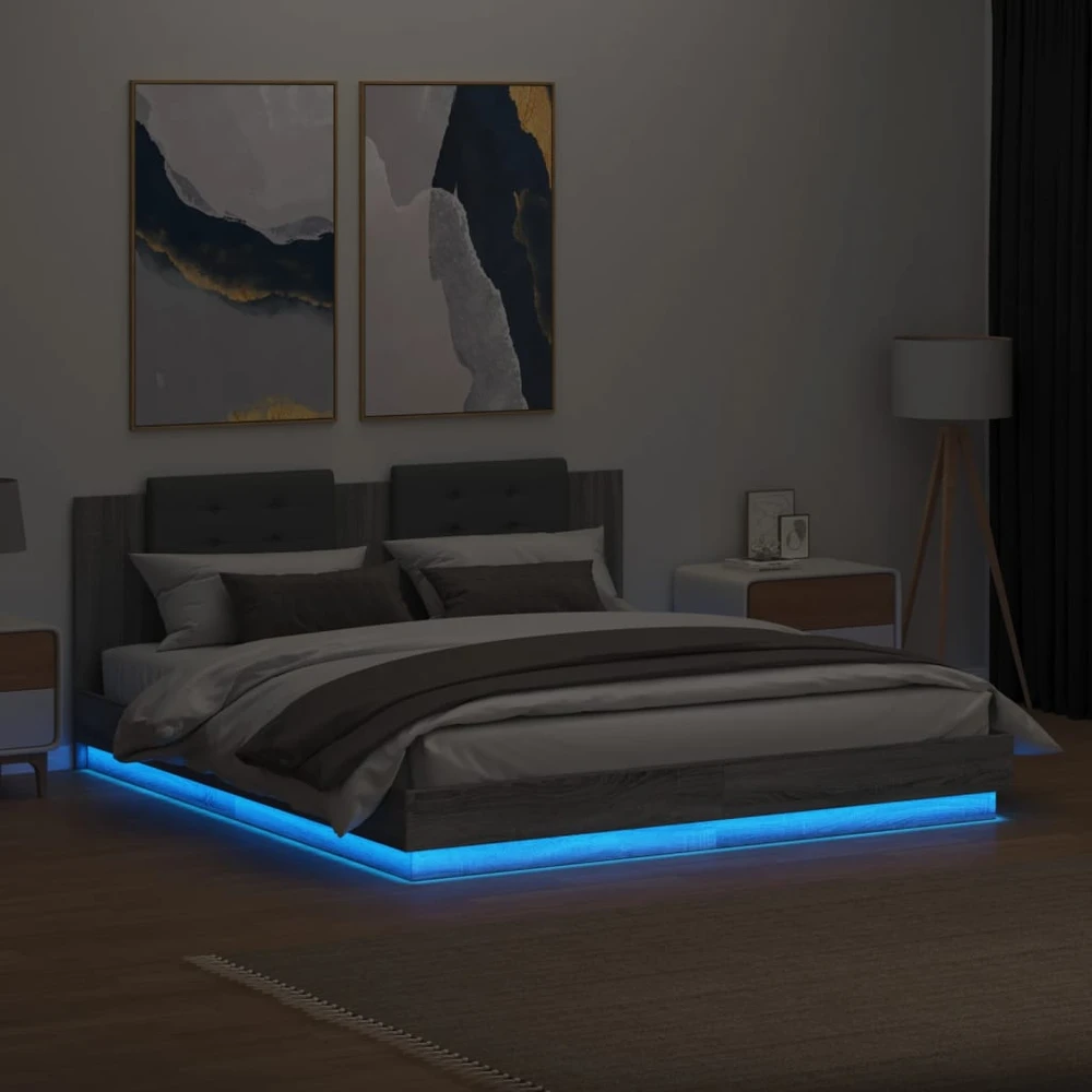 Lovos rėmas su galvūgaliu ir LED, pilkas ąžuolo, 160x200cm