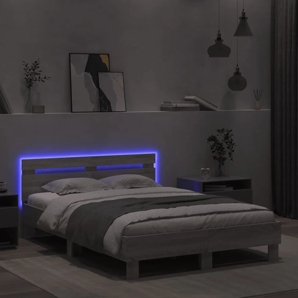 Lova Lovos rėmas su galvūgaliu ir LED, pilkas ąžuolo, 135x190cm