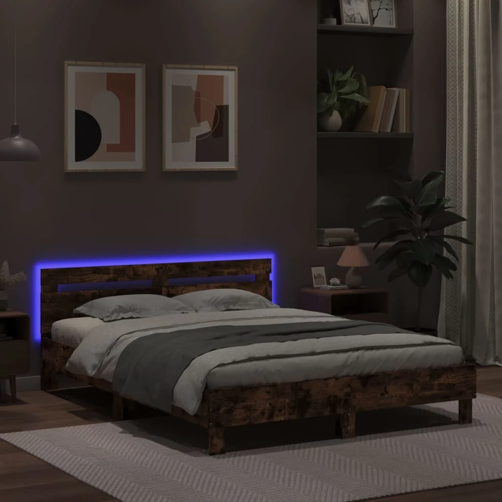 Lovos rėmas su galvūgaliu ir LED, rudas ąžuolo, 150x200cm