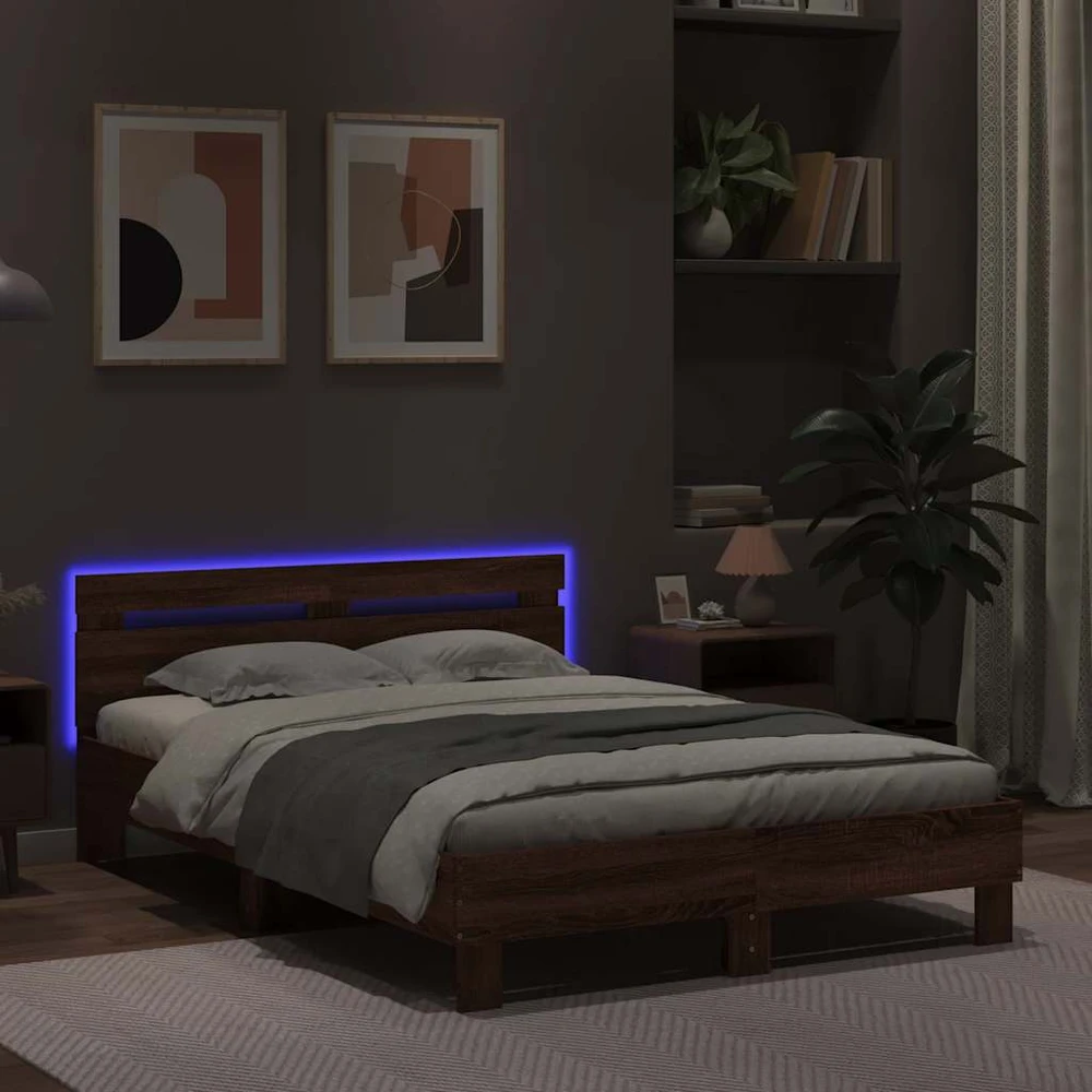 Lova Lovos rėmas su galvūgaliu ir LED, rudas ąžuolo, 135x190cm