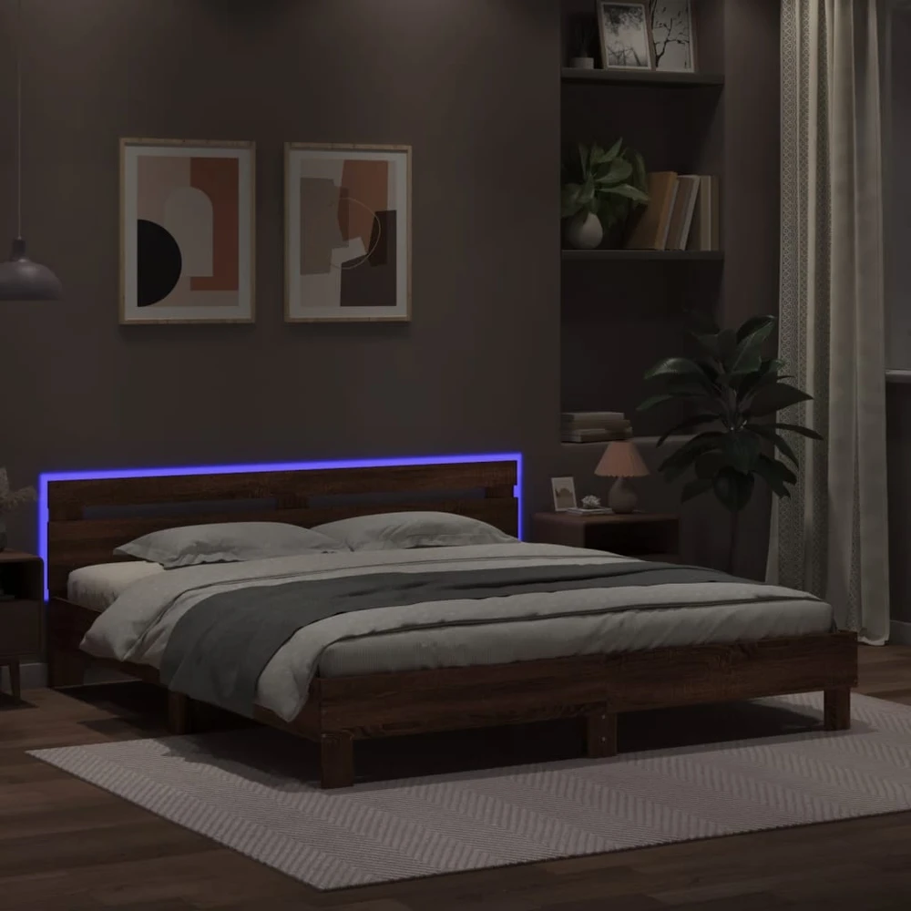 Lovos rėmas su galvūgaliu ir LED, rudas ąžuolo, 160x200cm