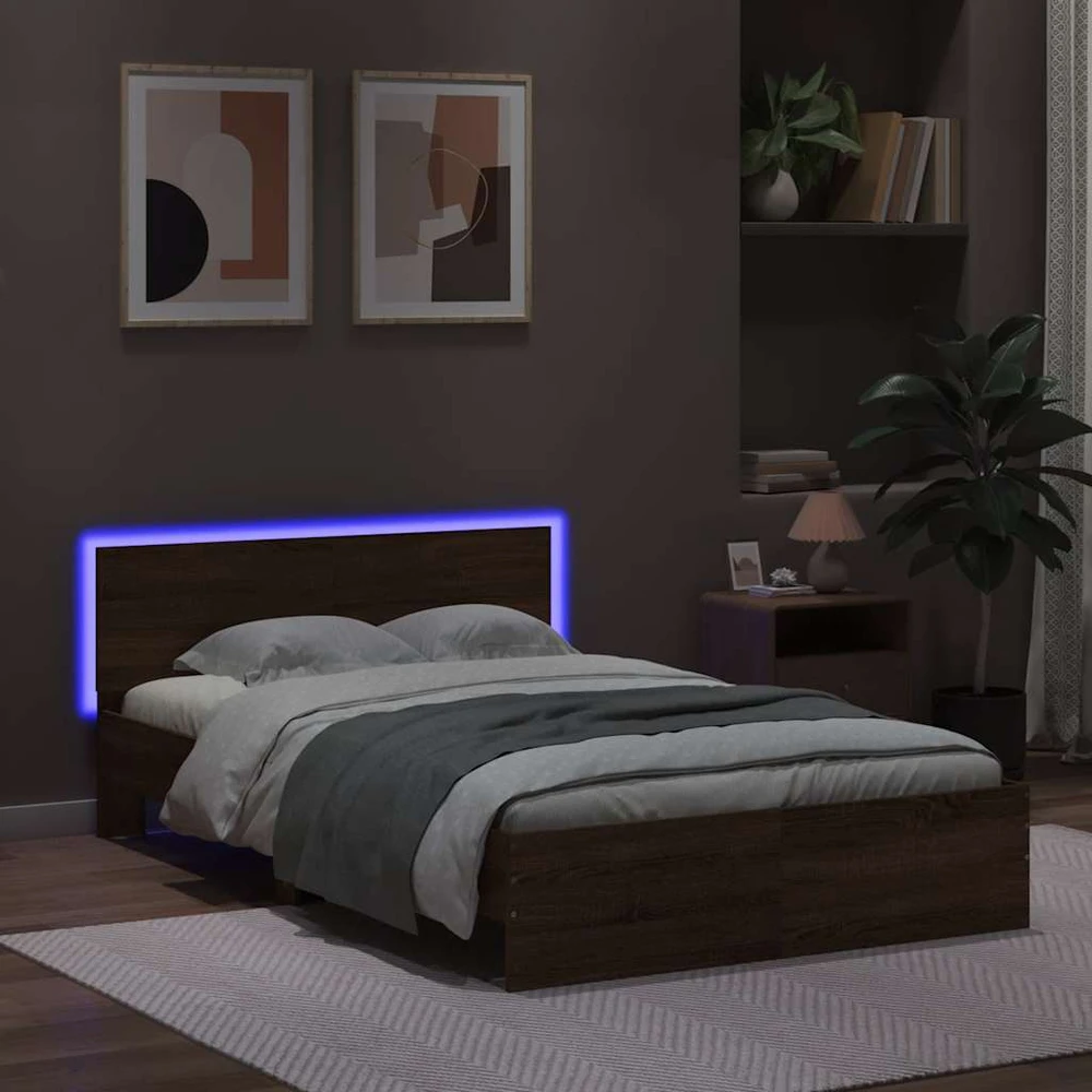 Lovos rėmas su galvūgaliu ir LED, rudas ąžuolo, 140x190cm