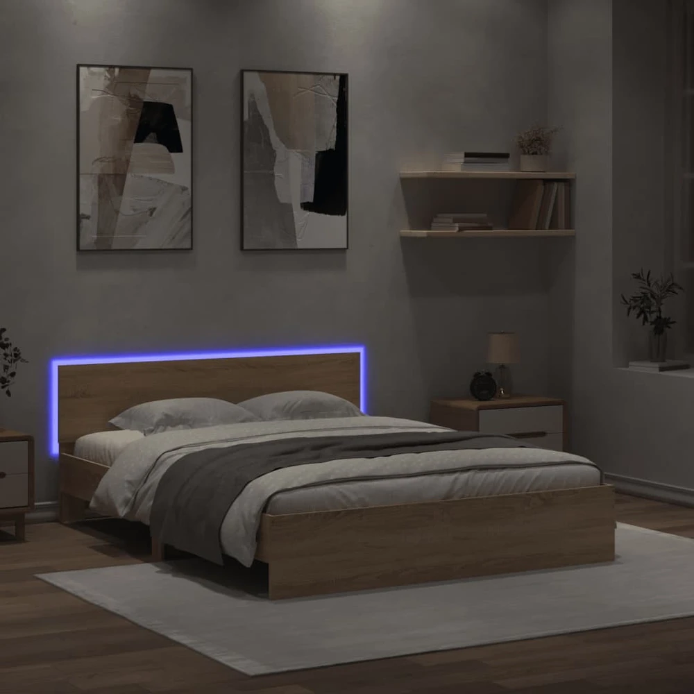 Lovos rėmas su galvūgaliu ir LED, sonoma ąžuolo, 150x200cm