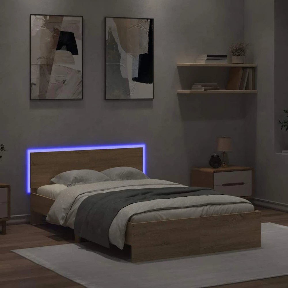 Lovos rėmas su galvūgaliu ir LED, sonoma ąžuolo, 140x190cm