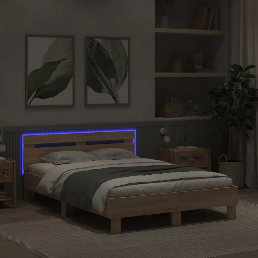 Lova Lovos rėmas su galvūgaliu ir LED, sonoma ąžuolo, 135x190cm