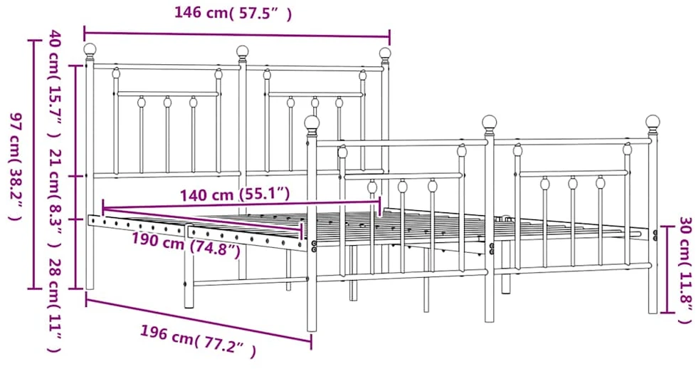 Lovos rėmas su galvūgaliu/kojūgaliu, juodas, 140x190cm, metalas