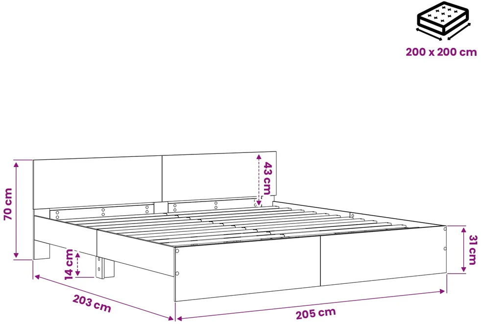 Lova Lovos Rėmas su Galvūgaliu Sendintos medienos 200 x 200 cm